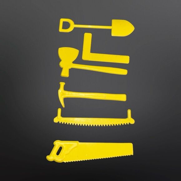 Vintage Yellow Plastic Charm Crafts Tools Cake Topper Hammer Saw Shovel 2” B17 - Picture 2 of 4